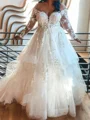 A-line Off-the-Shoulder Long Sleeves Appliques Lace Floor-Length Tulle Corset Wedding Dress