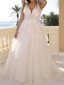 A-line V-neck Appliques Lace Sweep Train Tulle Corset Wedding Dress