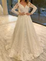 A-line V-neck Long Sleeves Appliques Lace Chapel Train Tulle Corset Wedding Dress