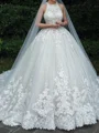 Ball-Gown Illusion Appliques Lace Cathedral Train Tulle Wedding Dress