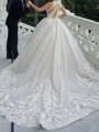 Ball-Gown Illusion Appliques Lace Cathedral Train Tulle Wedding Dress
