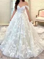 A-line Off-the-Shoulder Appliques Lace Cathedral Train Tulle Corset Wedding Dress