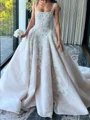 A-line Straps Appliques Lace Cathedral Train Tulle Corset Wedding Dress