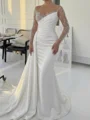 Sheath Illusion Long Sleeves Sequin Sweep Train Silk Like Satin Corset Wedding Dress
