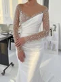 Sheath Illusion Long Sleeves Sequin Sweep Train Silk Like Satin Corset Wedding Dress