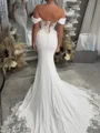Mermaid Off-the-Shoulder Appliques Lace Cathedral Train Charmeuse Corset Wedding Dress