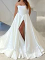 A-line Straight Pleated Cathedral Train Satin Corset Wedding Dress