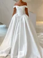A-line Off-the-Shoulder Pleated Cathedral Train Satin Corset Wedding Dress