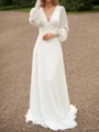 A-line V-neck Long Sleeves Appliques Lace Floor-Length Chiffon Wedding Dress