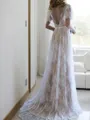 A-Line/Princess V-neck Sweep Train Lace Wedding Dresses With Appliques Lace