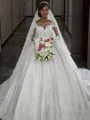 Ball Gown Bateau Cathedral Train Satin Wedding Dresses With Appliques Lace