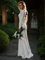 Sheath/Column Jewel Sweep Train Stretch Crepe Wedding Dresses