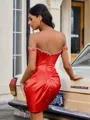 Sheath Off-the-Shoulder Rhinestone Short/Mini Silk Like Satin Homecoming Dress