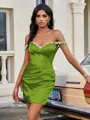Sheath Off-the-Shoulder Rhinestone Short/Mini Silk Like Satin Homecoming Dress