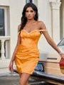 Sheath Off-the-Shoulder Rhinestone Short/Mini Silk Like Satin Homecoming Dress