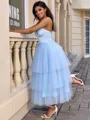 A-line Straps Cascading Ruffles Tea-Length Tulle Corset Homecoming Dress