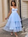 A-line Straps Cascading Ruffles Tea-Length Tulle Corset Homecoming Dress