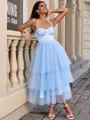A-line Straps Cascading Ruffles Tea-Length Tulle Corset Homecoming Dress