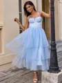 A-line Straps Cascading Ruffles Tea-Length Tulle Corset Homecoming Dress