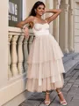 A-line Straps Cascading Ruffles Tea-Length Tulle Corset Homecoming Dress