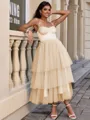 A-line Straps Cascading Ruffles Tea-Length Tulle Corset Homecoming Dress
