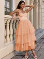 A-line Straps Cascading Ruffles Tea-Length Tulle Corset Homecoming Dress