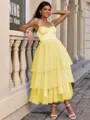 A-line Straps Cascading Ruffles Tea-Length Tulle Corset Homecoming Dress