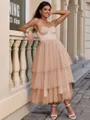 A-line Straps Cascading Ruffles Tea-Length Tulle Corset Homecoming Dress