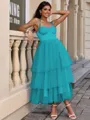 A-line Straps Cascading Ruffles Tea-Length Tulle Corset Homecoming Dress