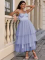 A-line Straps Cascading Ruffles Tea-Length Tulle Corset Homecoming Dress