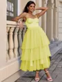 A-line Straps Cascading Ruffles Tea-Length Tulle Corset Homecoming Dress