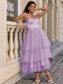 A-line Straps Cascading Ruffles Tea-Length Tulle Corset Homecoming Dress