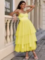 A-line Straps Cascading Ruffles Tea-Length Tulle Corset Homecoming Dress