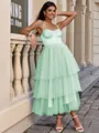 A-line Straps Cascading Ruffles Tea-Length Tulle Corset Homecoming Dress
