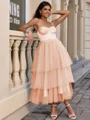 A-line Straps Cascading Ruffles Tea-Length Tulle Corset Homecoming Dress