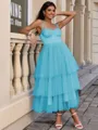 A-line Straps Cascading Ruffles Tea-Length Tulle Corset Homecoming Dress