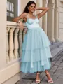 A-line Straps Cascading Ruffles Tea-Length Tulle Corset Homecoming Dress