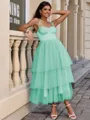 A-line Straps Cascading Ruffles Tea-Length Tulle Corset Homecoming Dress