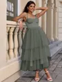 A-line Straps Cascading Ruffles Tea-Length Tulle Corset Homecoming Dress