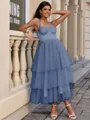 A-line Straps Cascading Ruffles Tea-Length Tulle Corset Homecoming Dress