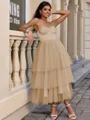 A-line Straps Cascading Ruffles Tea-Length Tulle Corset Homecoming Dress
