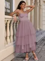 A-line Straps Cascading Ruffles Tea-Length Tulle Corset Homecoming Dress