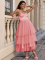 A-line Straps Cascading Ruffles Tea-Length Tulle Corset Homecoming Dress