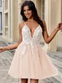 A-line V-neck Appliques Lace Short/Mini Tulle Homecoming Dress
