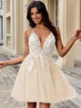 A-line V-neck Appliques Lace Short/Mini Tulle Homecoming Dress