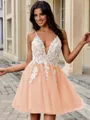 A-line V-neck Appliques Lace Short/Mini Tulle Homecoming Dress