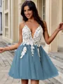 A-line V-neck Appliques Lace Short/Mini Tulle Homecoming Dress