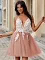 A-line V-neck Appliques Lace Short/Mini Tulle Homecoming Dress