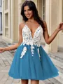 A-line V-neck Appliques Lace Short/Mini Tulle Homecoming Dress