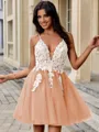 A-line V-neck Appliques Lace Short/Mini Tulle Homecoming Dress